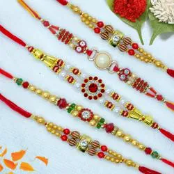 Gorgeous Hum Paanch Pearl Rakhi Set with Roli, Chawal n Card