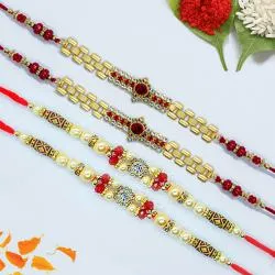 Glamorous Set of 4 Jewel Rakhi with Roli, Chawal n Card