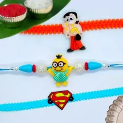 Attractive Kids Rakhi Set of 3 with Roli, Chawal Tika n Card