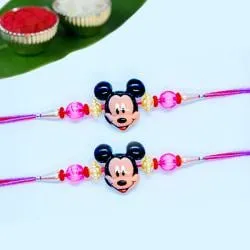 Cool Pair of Mickey Rakhi with Roli Tika, Chawal n Wishes Card