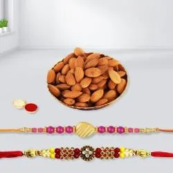 Appealing Rakhi Set of 2 with Crunchy Almonds, Roli Tika n Card
