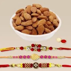 Charming Set of 3 Rakhis with Crunchy Almonds, Roli Tika n Card