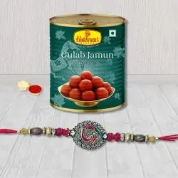 Showy Rakhi with Gulab Jamun n Roli, Chawal n Card