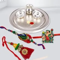 Traditional Puja Thali with Family Rakhi Set, Roli Tika n Card