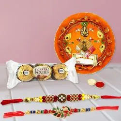 Designer Thali with a Pair of Rakhi N Ferrero Rocher