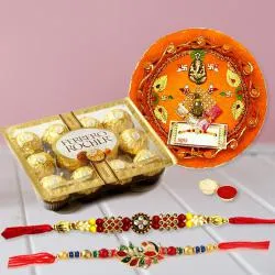 Stylish Pair of Rakhi with Puja Thali N 12pc Ferrero Rocher