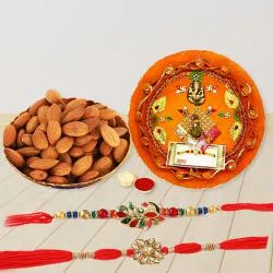 Stylish Rakhi Pair with Almonds n Rakhi Thali