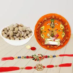 Designer Pair of Rakhi with Puja Thali N Pistachio