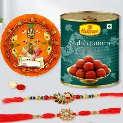 Classic Gift of Puja Thali N Rakhi Pair with Gulabjamun