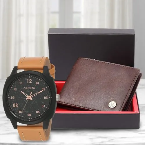 Exclusive Sonata Volt Analog Watch N Leather Wallet