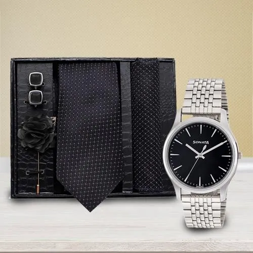 Exclusive Sonata Analog Watch N Neck Tie with Cufflinks