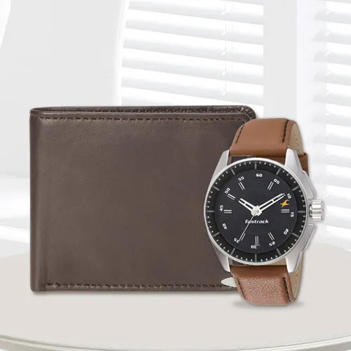 Spectacular Fastrack Watch with a Brown Leather Wallet from Rich Born for Men