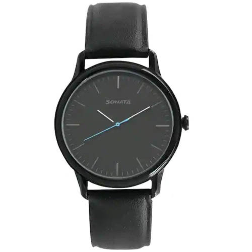 Trendy Sonata Black Dial Leather Strap Mens Watch