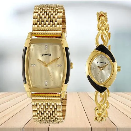 Beautiful Sonata Analog Gold Dial Pair Watch
